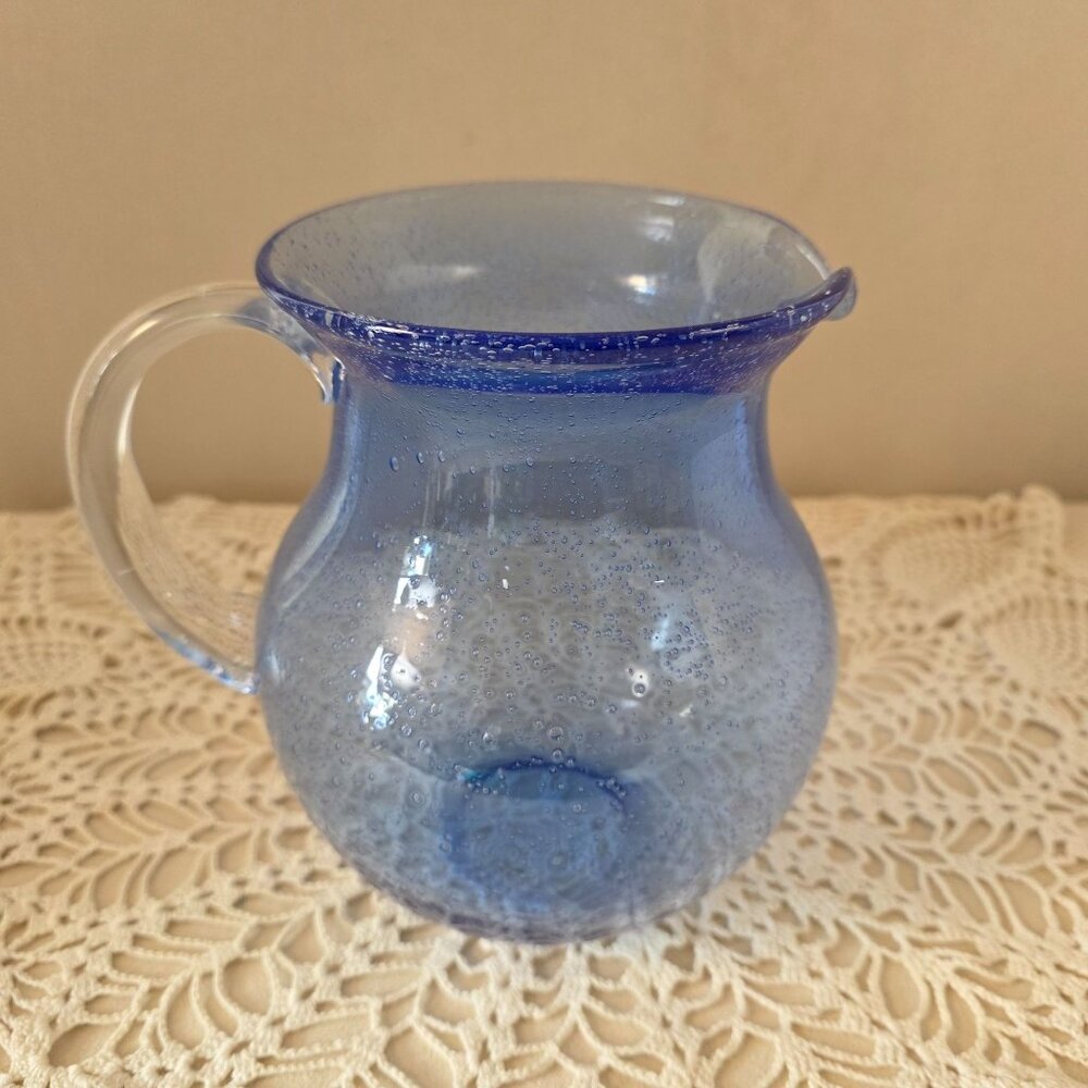 Vintage Cobalt Handblown Bubble Glass Pitcher With Clear Applied Handle - Picture 3 of 16